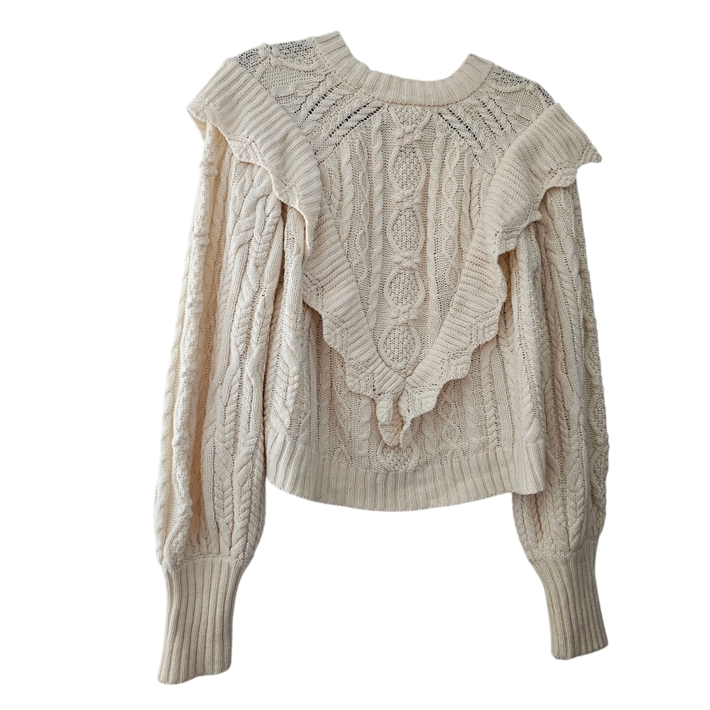 Saltwater Luxe Cream Ruffle Fisherman Sweater Crewneck Large Victorian High Neck - Picture 2 of 5